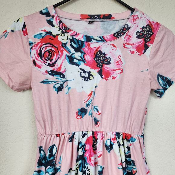 Pink Floral Stretchy Medium Midi Dress With Pockets - Picture 2 of 7